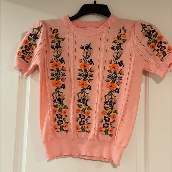 Modern Millie Pink Embroidered Short Puff Sleeve Cable Knit Sweater - Picture 6 of 6